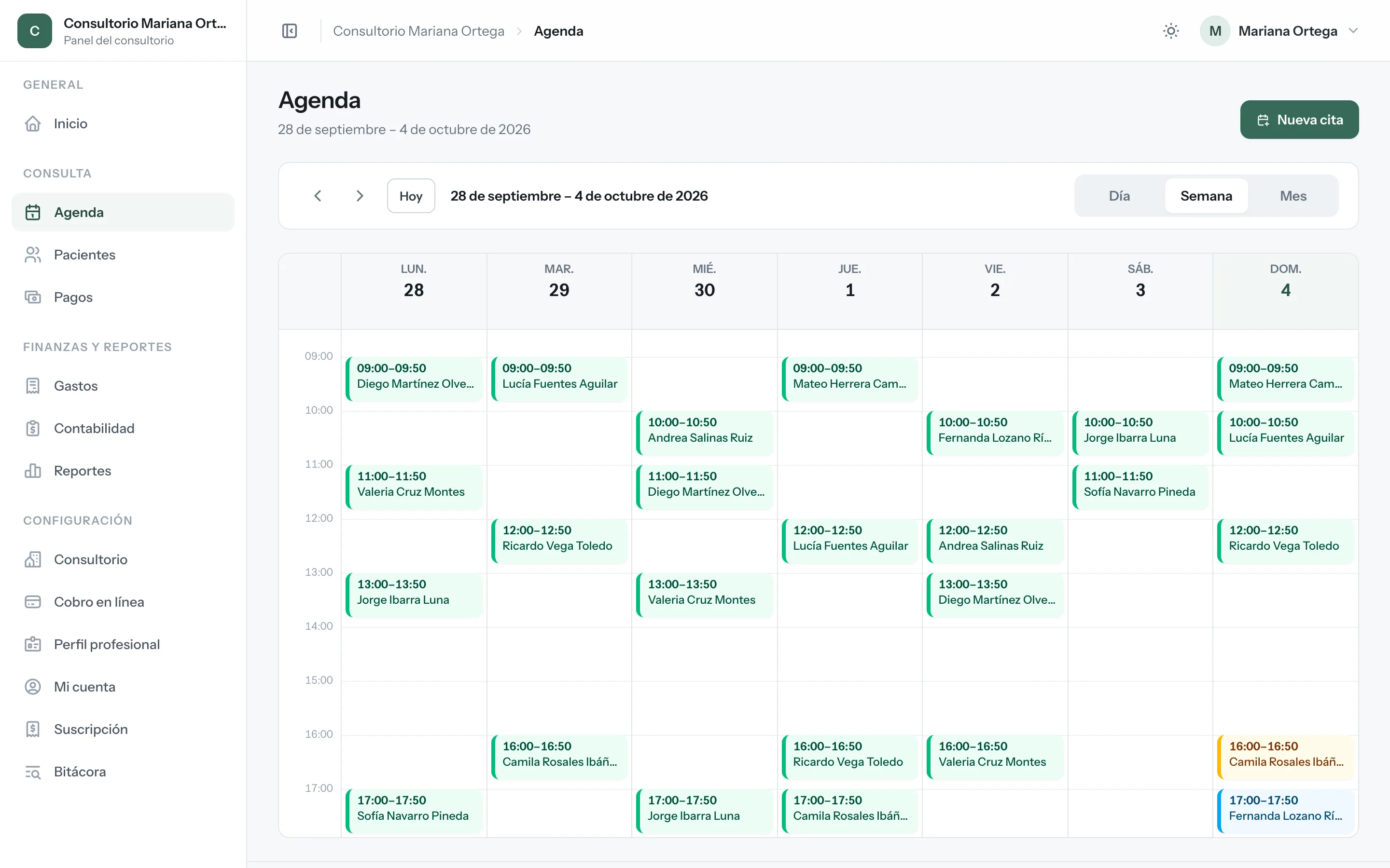 Agenda semanal con las citas de cada día.